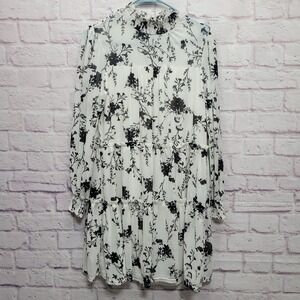 Ember‎ Floral Tiered Sheer Dress Size M Black White Lined Long Sleeve Mock Neck